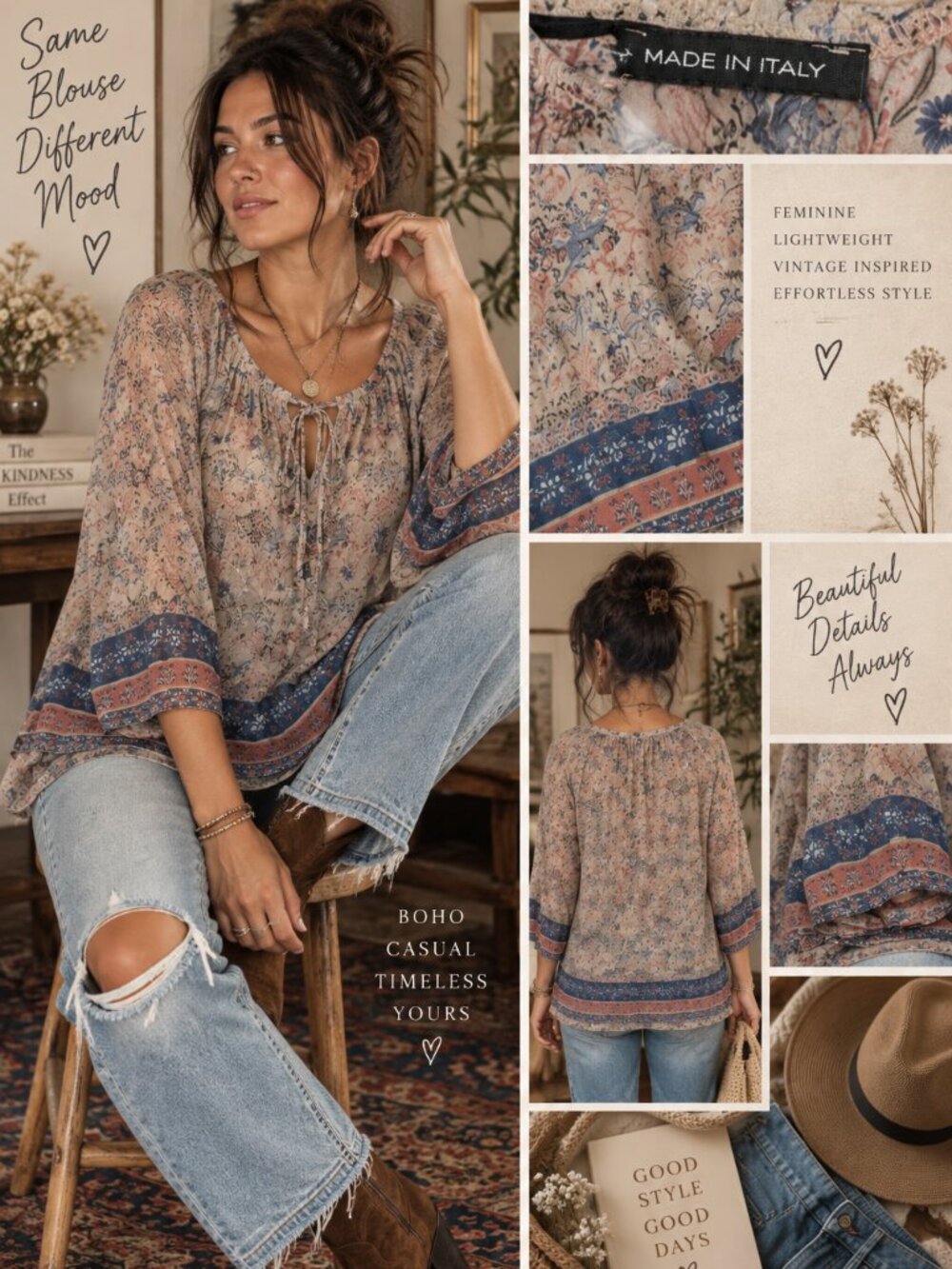 737 - Made in Italy Boho Floral Silk Blend Tunic Blouse